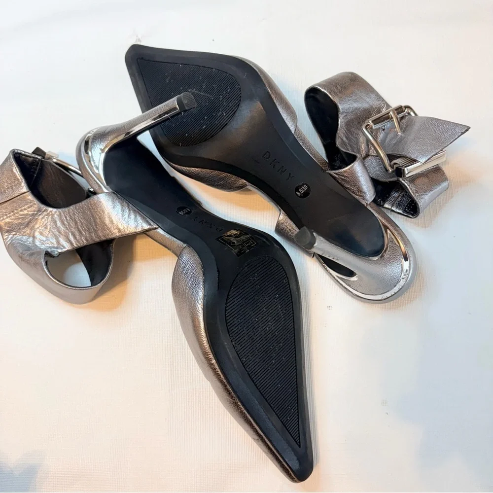 DKNY Shiny Silver Heels with Statement Buckle